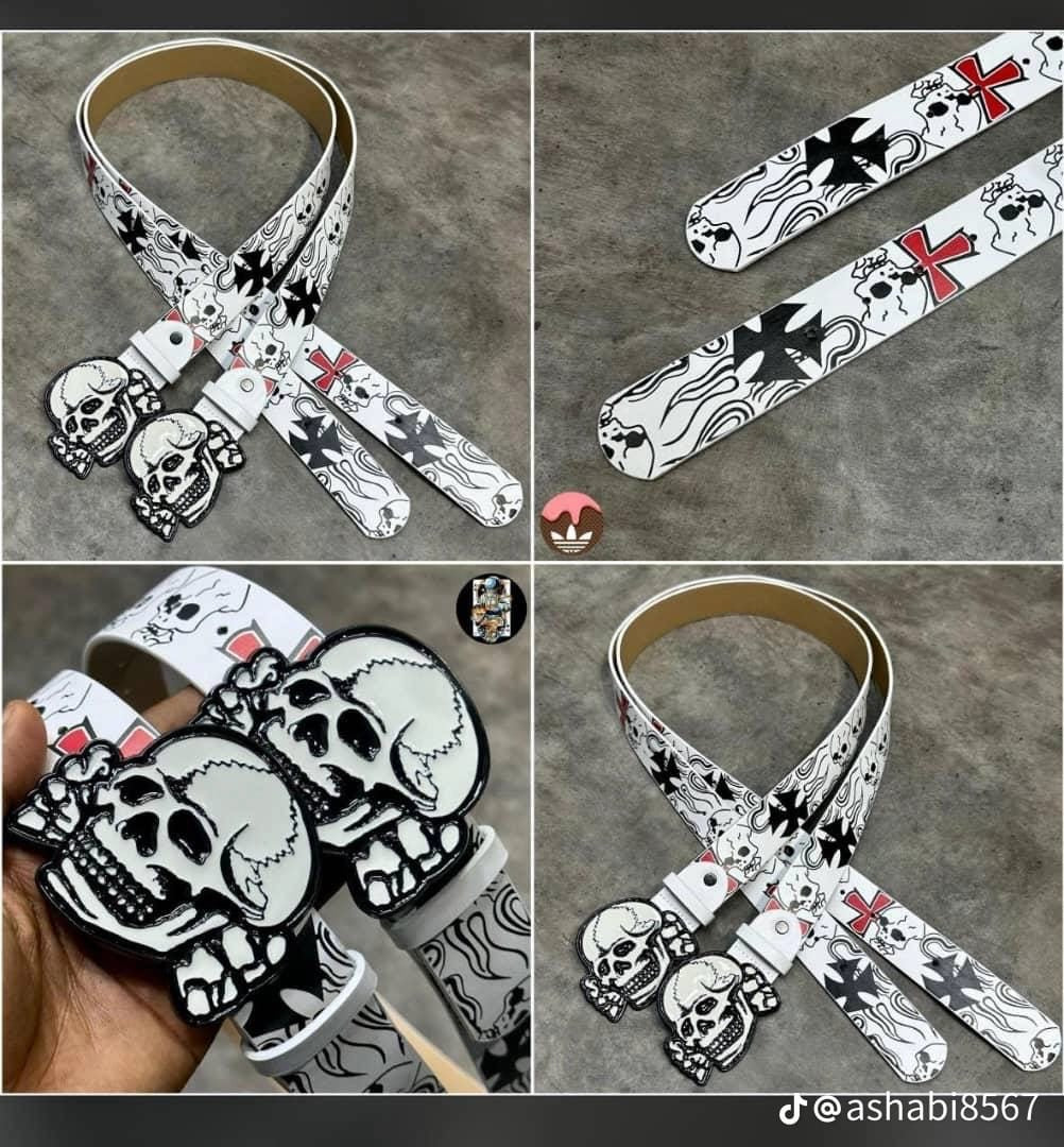 Skull Head white leather belt